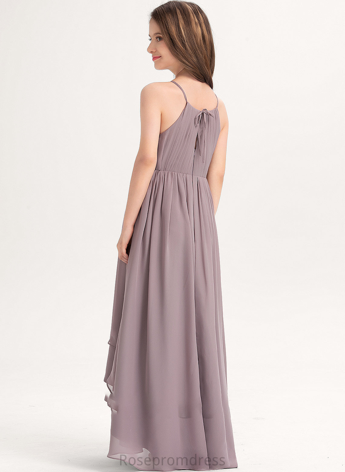 A-Line Ruffle Bow(s) Kiley Neck Junior Bridesmaid Dresses With Asymmetrical Chiffon Scoop