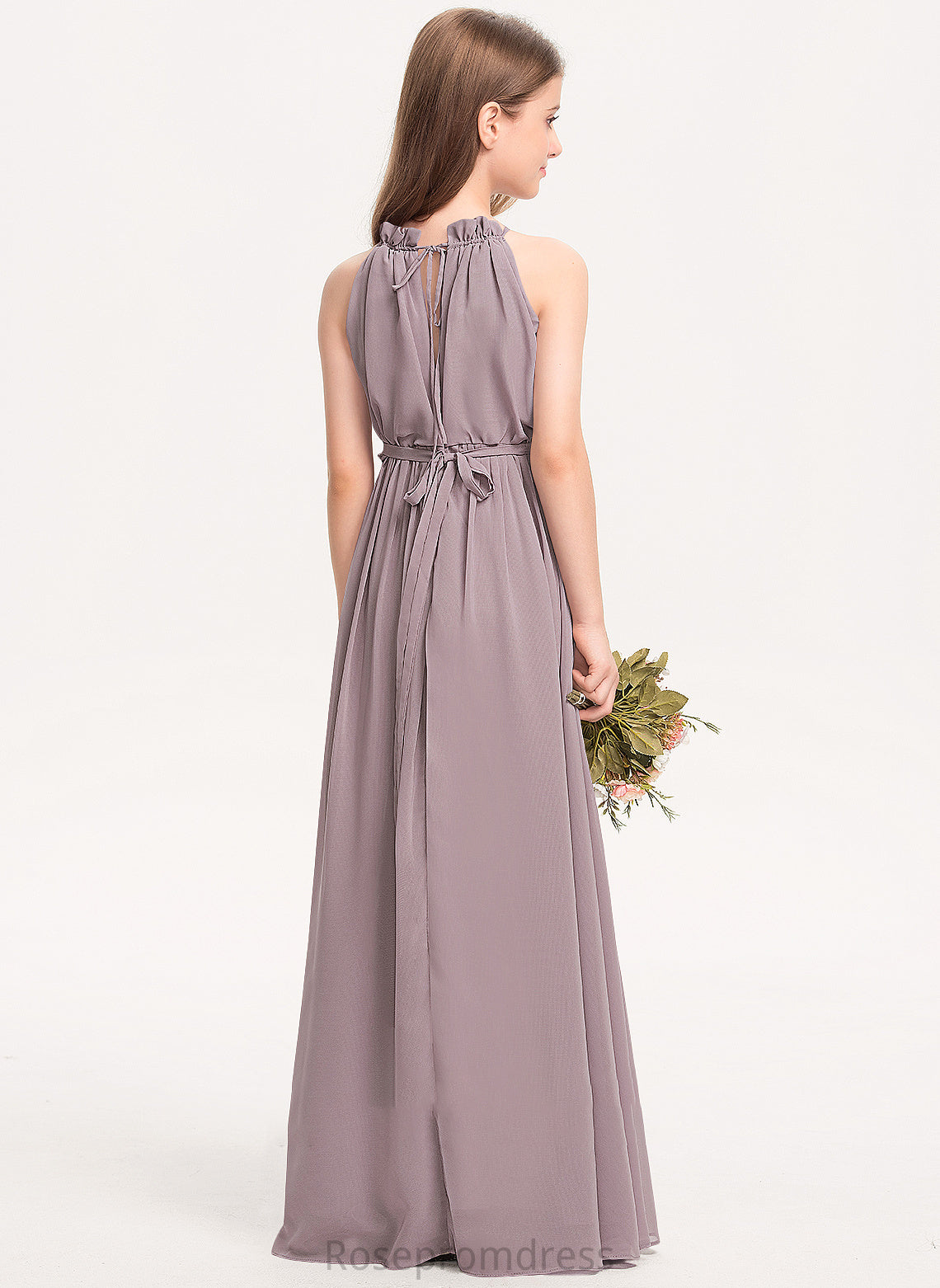 Junior Bridesmaid Dresses Chiffon Bow(s) Cascading Ruffles Uerica Neck With High A-Line Floor-Length