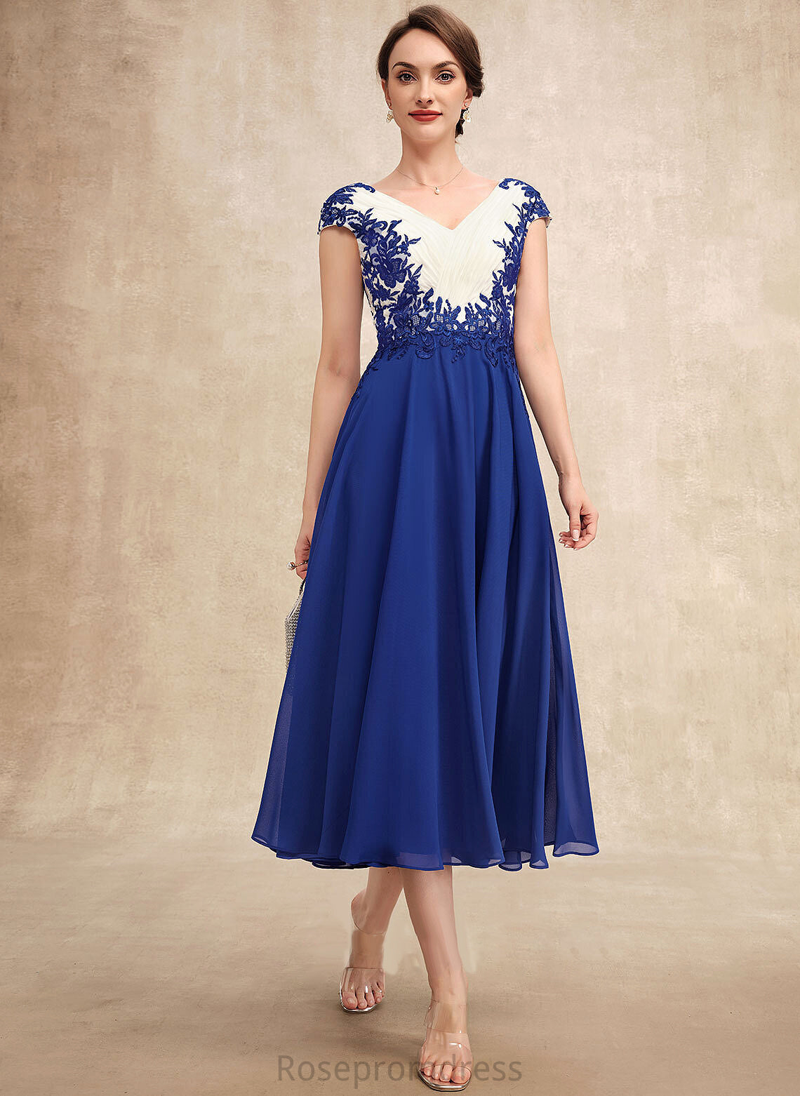 Mother Ruffle Dress With Sasha Tea-Length A-Line Bride the V-neck Mother of the Bride Dresses of Chiffon Lace