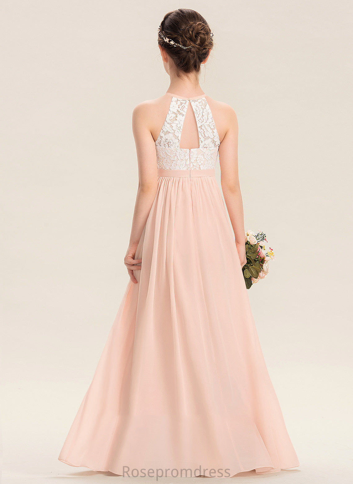 A-Line Floor-Length Lace Josie Scoop Chiffon Junior Bridesmaid Dresses Neck