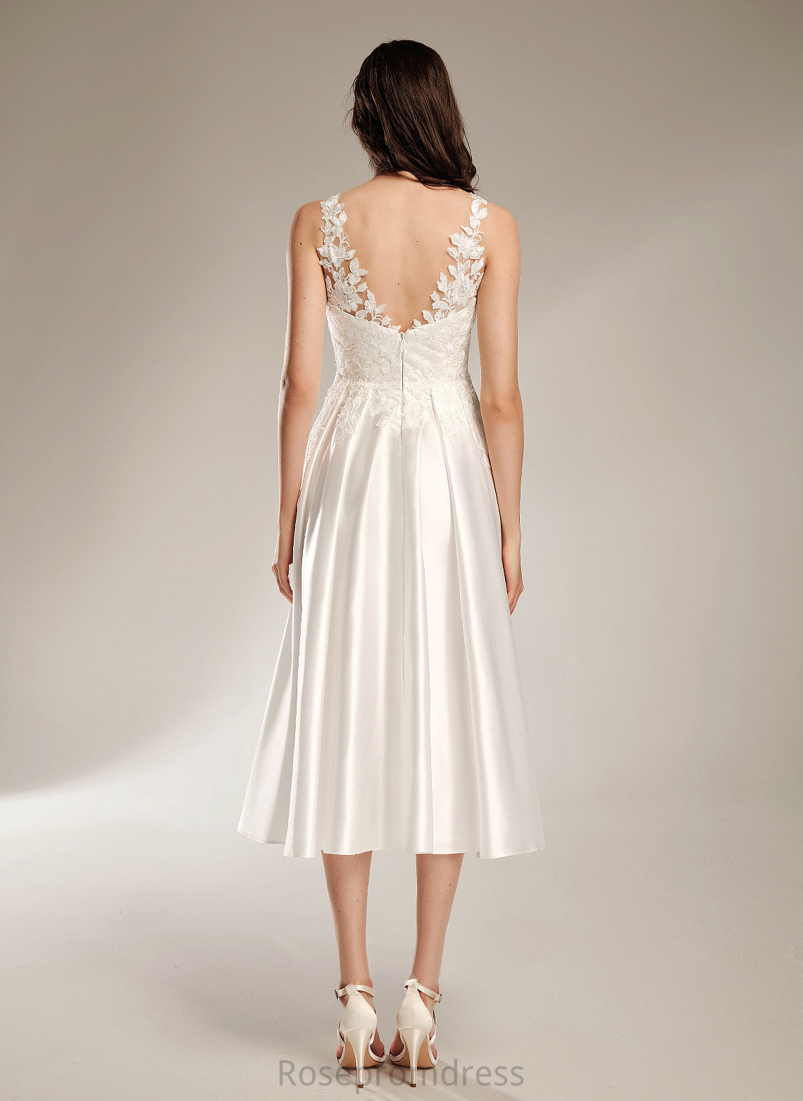 Wedding Dresses Dress Tea-Length Pockets With Lace Celia V-neck A-Line Satin Wedding