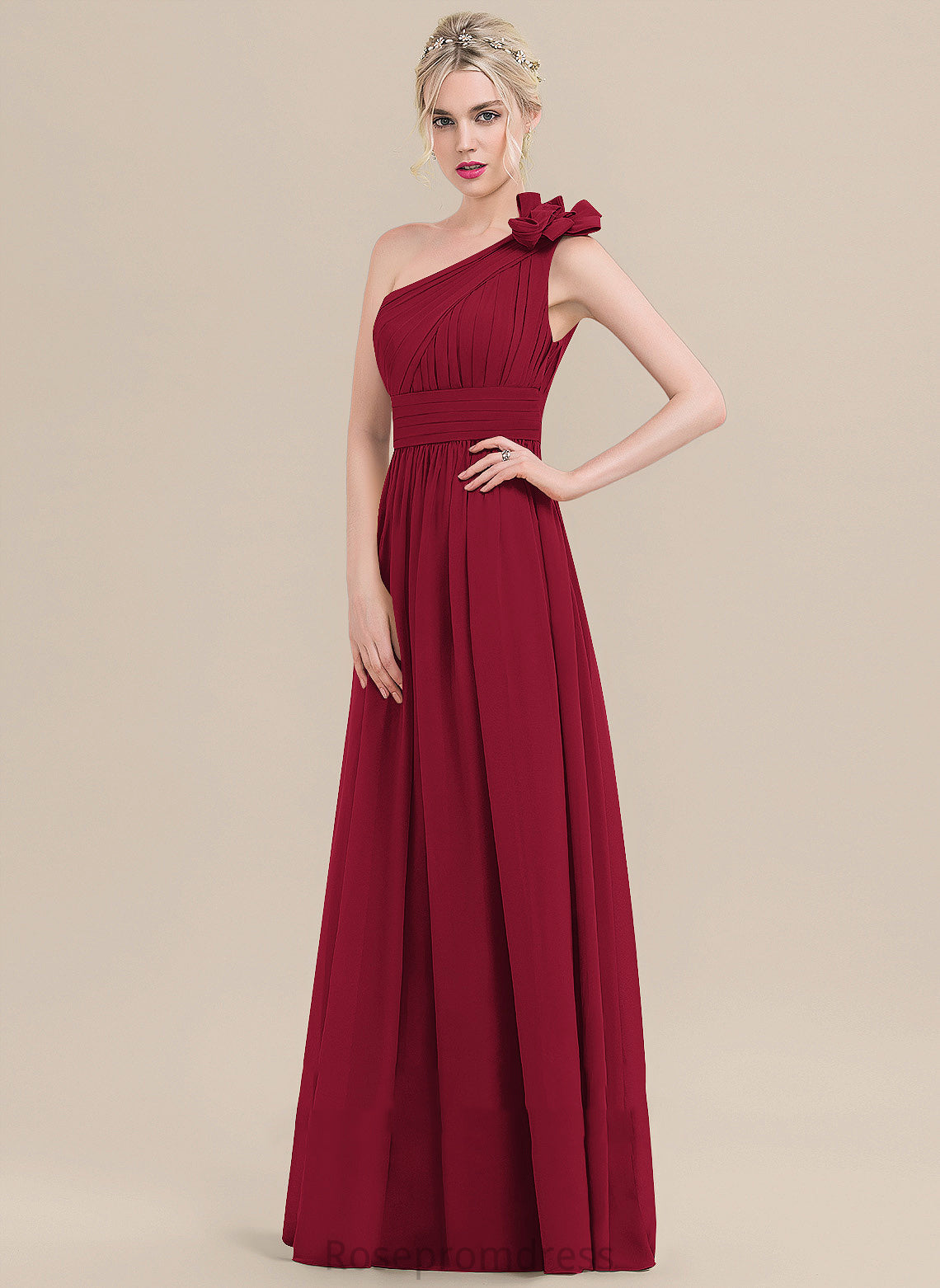 Flower(s) Silhouette Embellishment Fabric A-Line Neckline Length Pleated One-Shoulder Floor-Length Skyler Sleeveless Bridesmaid Dresses