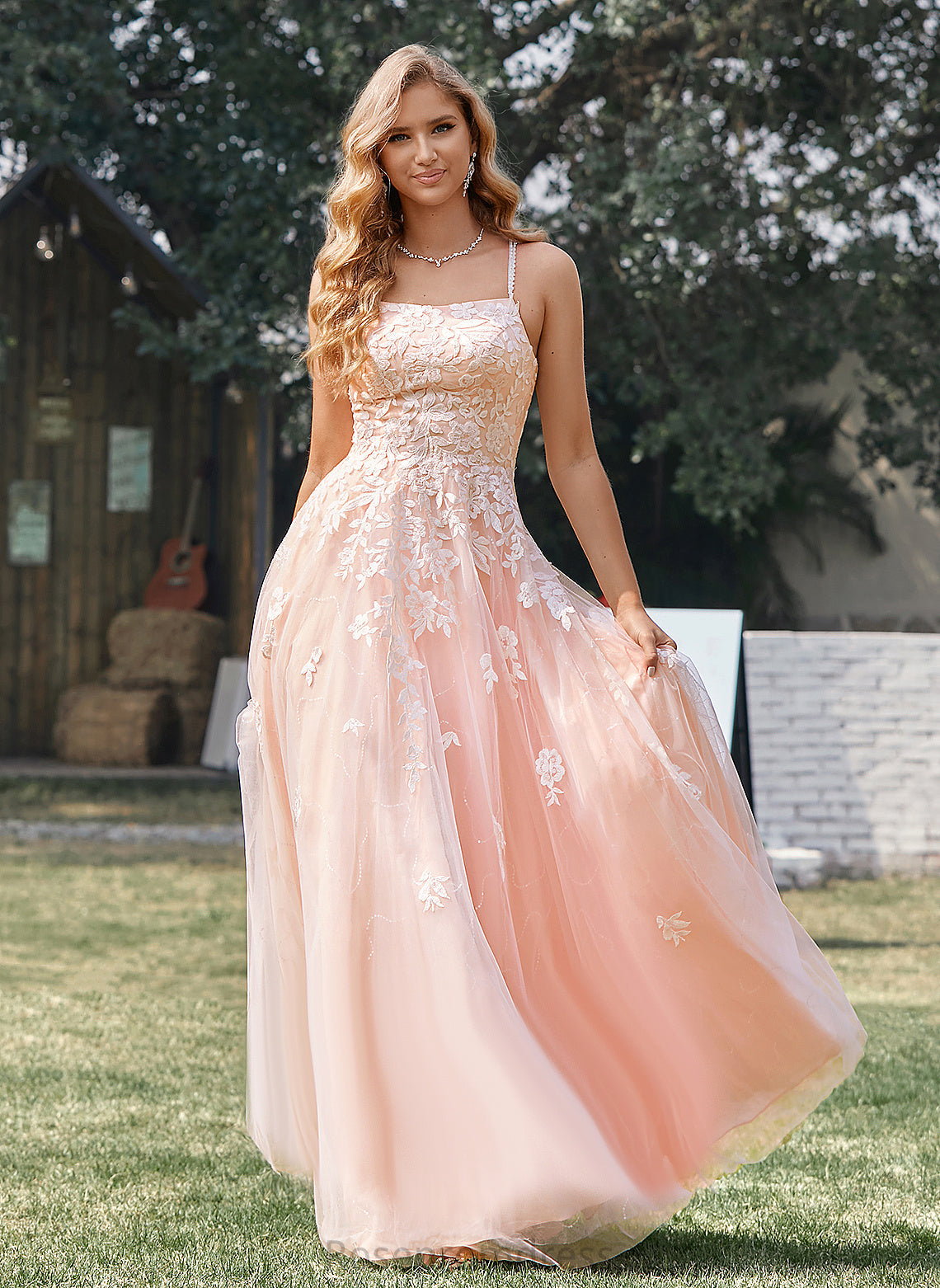 Alia Prom Dresses Tulle Floor-Length Square Sequins Ball-Gown/Princess With Lace