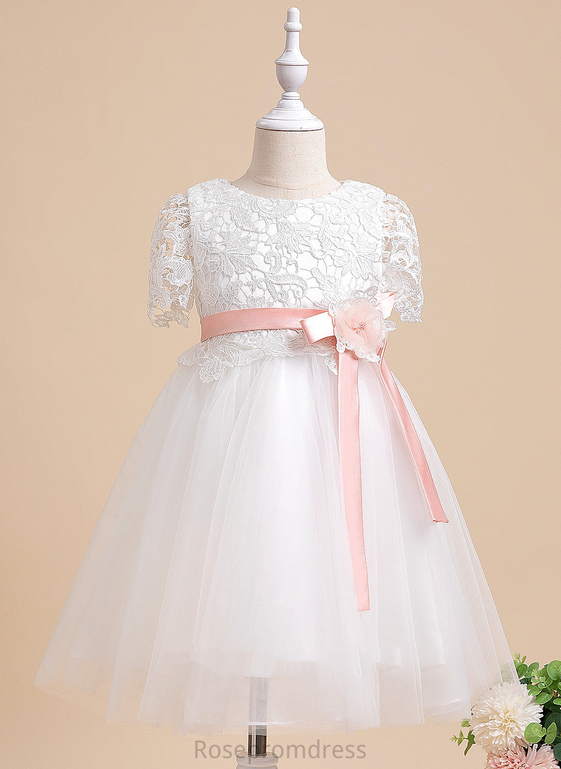 With Flower Tulle/Lace A-Line Sash/Flower(s) Dress Neck Knee-length Short Girl - Flower Girl Dresses Scoop Kallie Sleeves