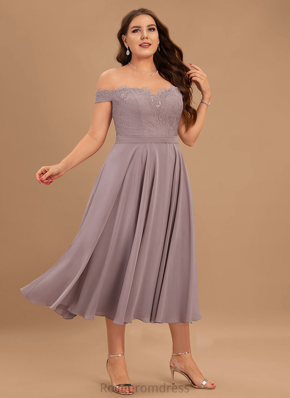 Off-the-Shoulder Embellishment Beading Length Silhouette A-Line Fabric Tea-Length Neckline Nataly Natural Waist Scoop Bridesmaid Dresses