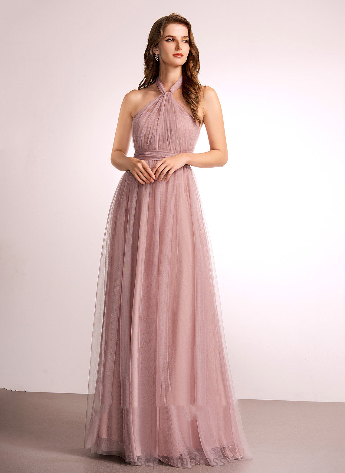 Off-the-Shoulder One-Shoulder A-Line Length Floor-Length Silhouette V-neck Fabric Neckline Straps Tulle Abby Bridesmaid Dresses