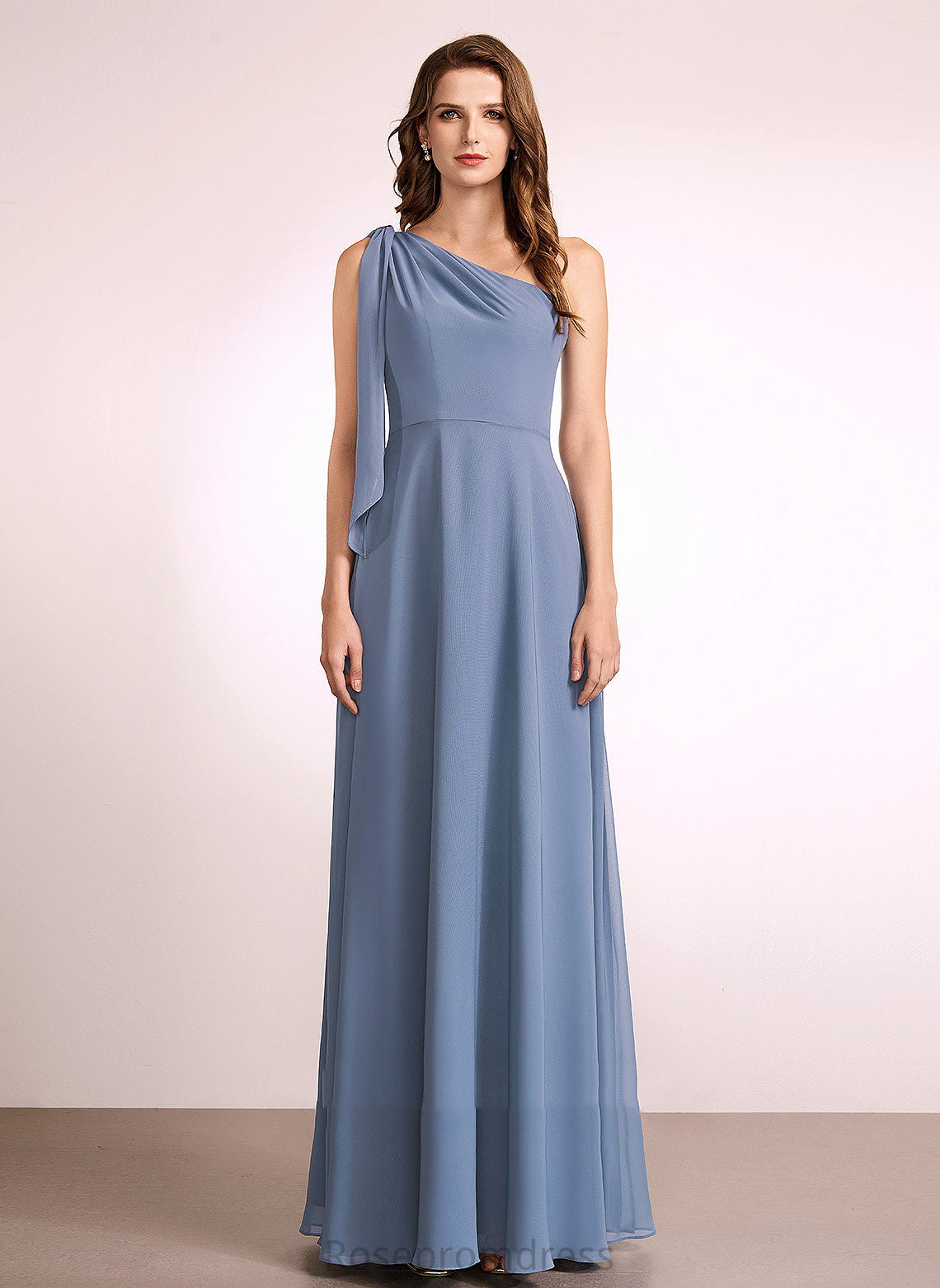 Fabric Silhouette Embellishment Bow(s) Floor-Length One-Shoulder A-Line Length Neckline Salome Natural Waist V-Neck Bridesmaid Dresses