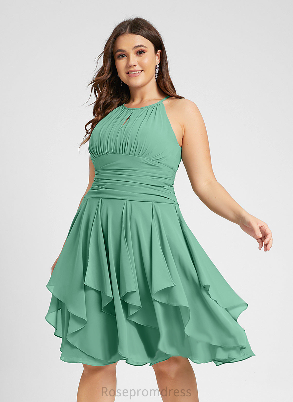 A-Line Dress Chiffon Cocktail Ruffle Ruffles Scoop Neck Knee-Length Viola With Cascading Cocktail Dresses