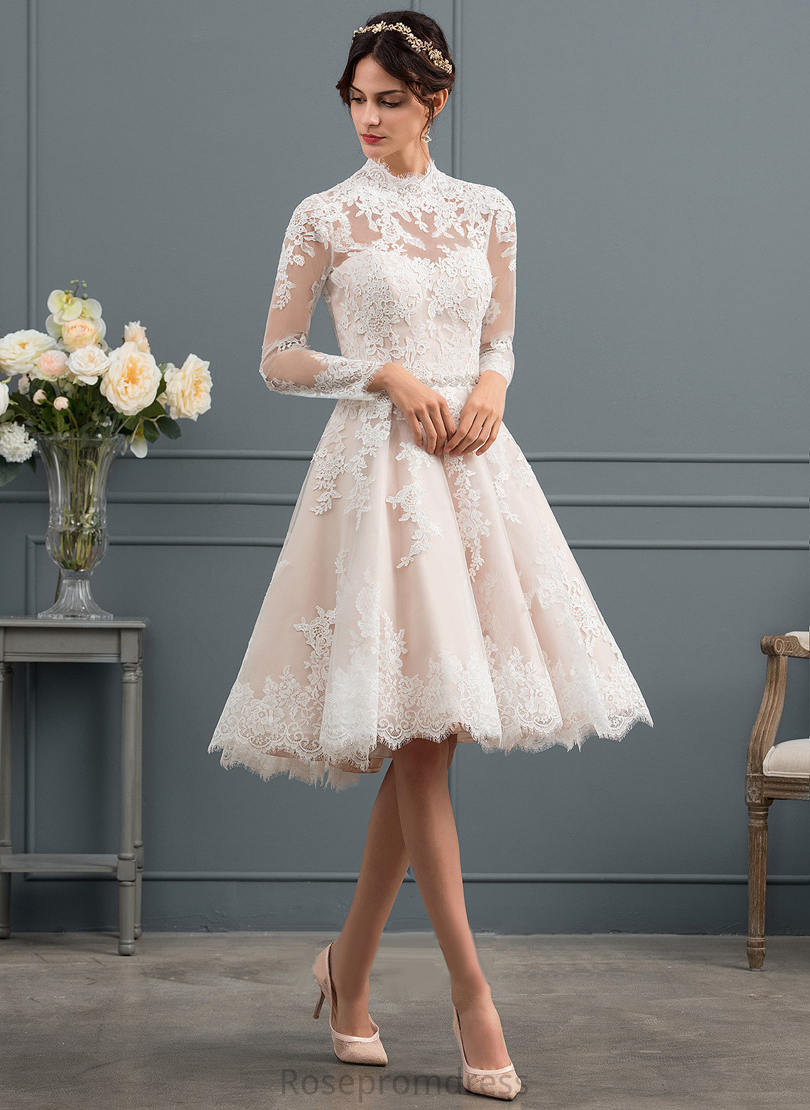 Caroline Lace Wedding Dresses Tulle Knee-Length Illusion Dress A-Line Wedding