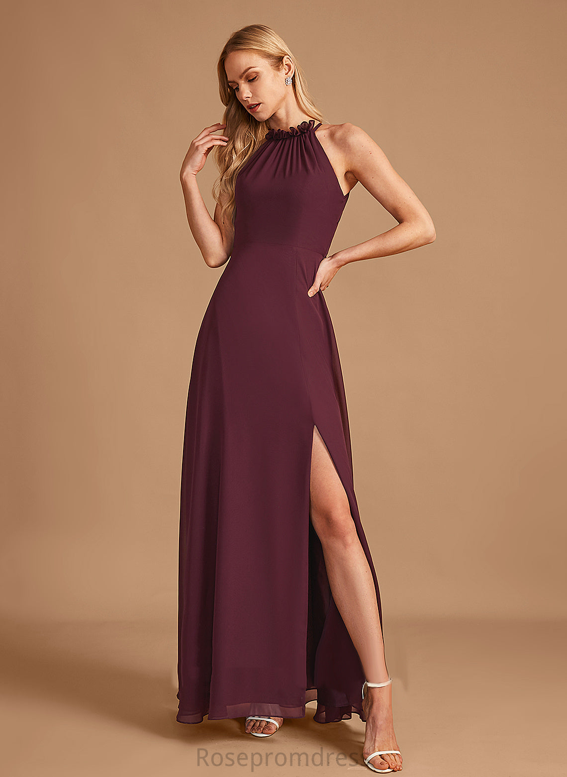 A-Line Length HighNeck Fabric SplitFront Neckline Silhouette Embellishment Floor-Length Selah Natural Waist Sleeveless Bridesmaid Dresses