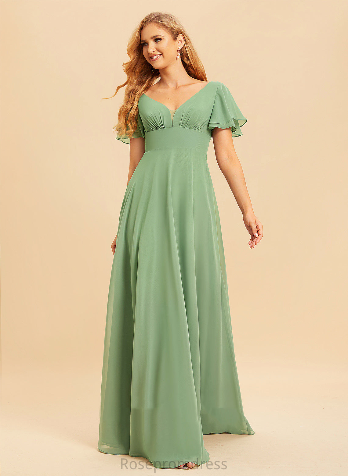 A-Line Fabric Embellishment Length Silhouette Floor-Length SplitFront Ruffle Neckline V-neck Trinity Trumpet/Mermaid Bridesmaid Dresses