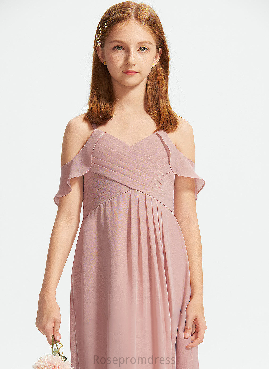 Junior Bridesmaid Dresses A-Line With Off-the-Shoulder Cascading Karen Ruffles Floor-Length Chiffon