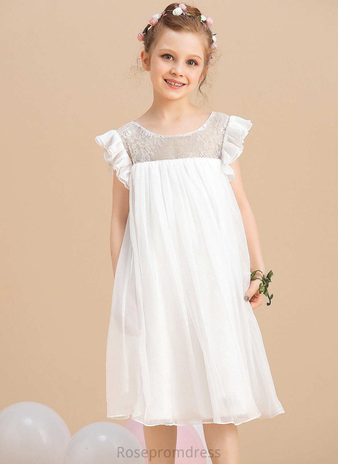 Sleeves Dress Flower Girl Dresses Girl With Scoop Chiffon A-Line - Short Neck Knee-length Nataly Flower Lace