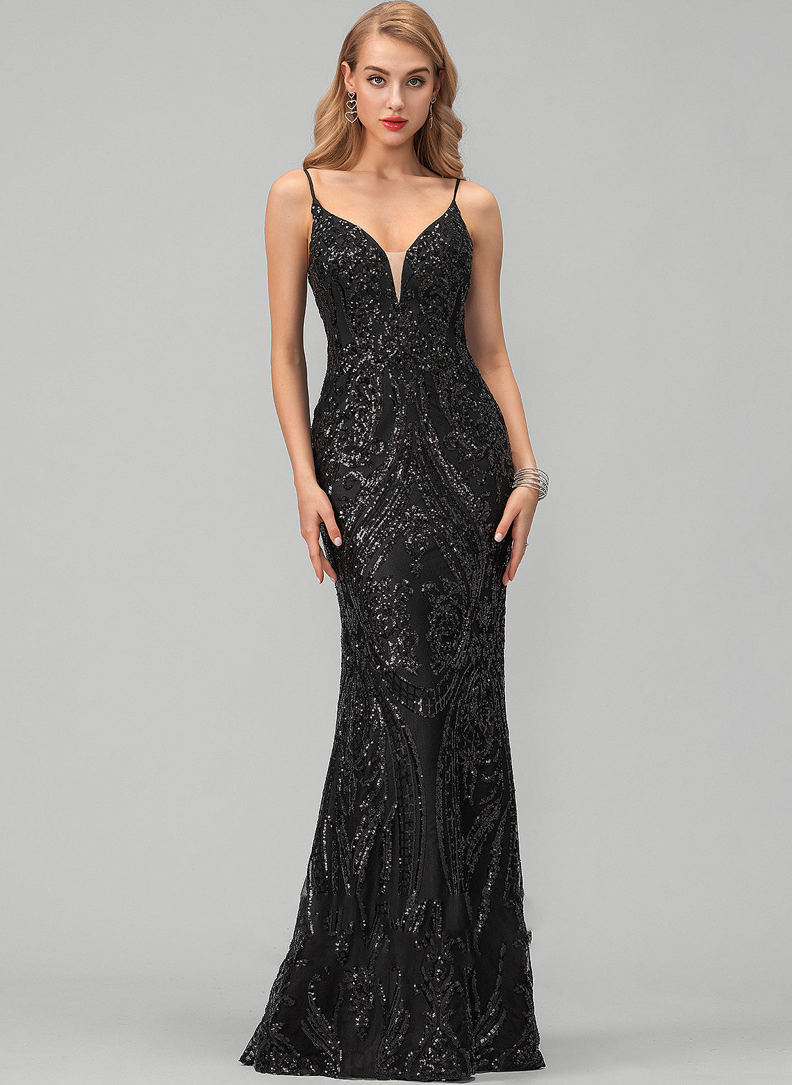 V-neck Satin With Belen Sequins Floor-Length A-Line Prom Dresses