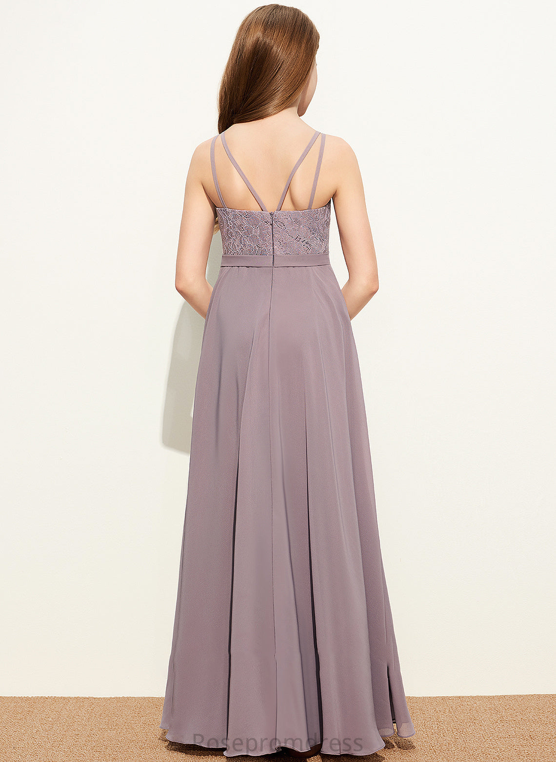 Brianna V-neck Junior Bridesmaid Dresses Floor-Length A-Line Chiffon Lace