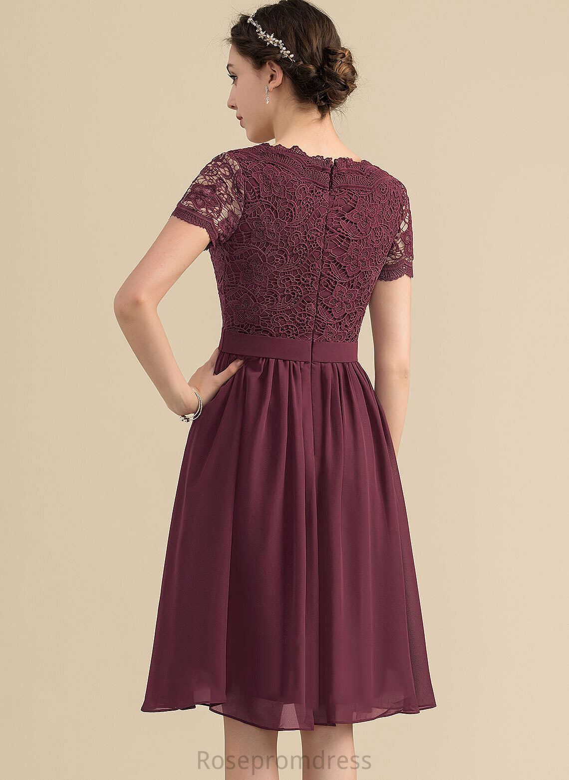 Lace Fabric Length Neckline Embellishment Silhouette V-neck Knee-Length A-Line Libby Bridesmaid Dresses