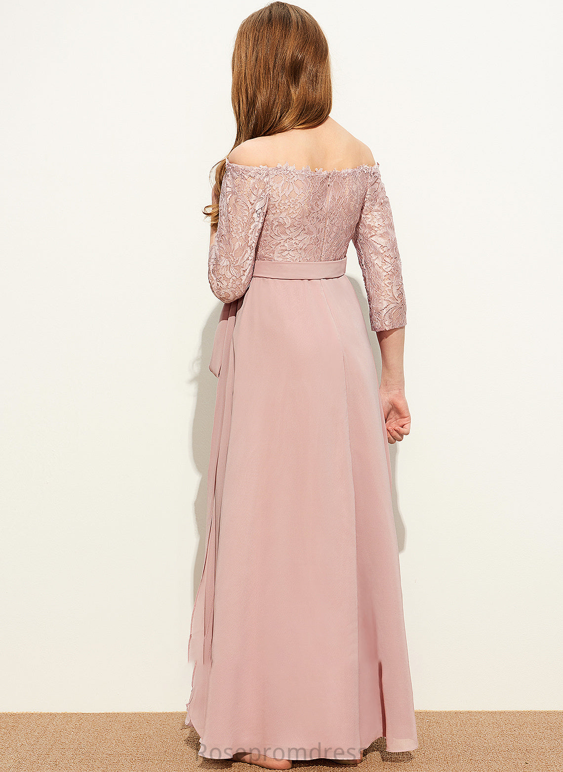 With A-Line Floor-Length Corinne Junior Bridesmaid Dresses Chiffon Lace Off-the-Shoulder Bow(s)