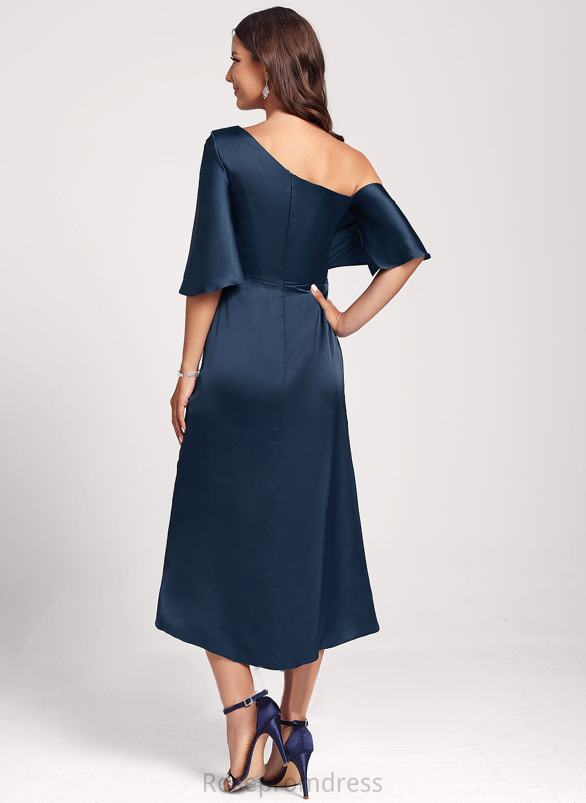 Geraldine Tea-Length Dress Satin Stretch Sheath/Column Cocktail One-Shoulder Club Dresses