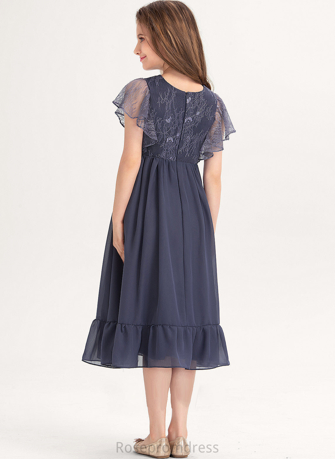 With Lace Knee-Length Novia Scoop Cascading A-Line Ruffles Chiffon Neck Junior Bridesmaid Dresses