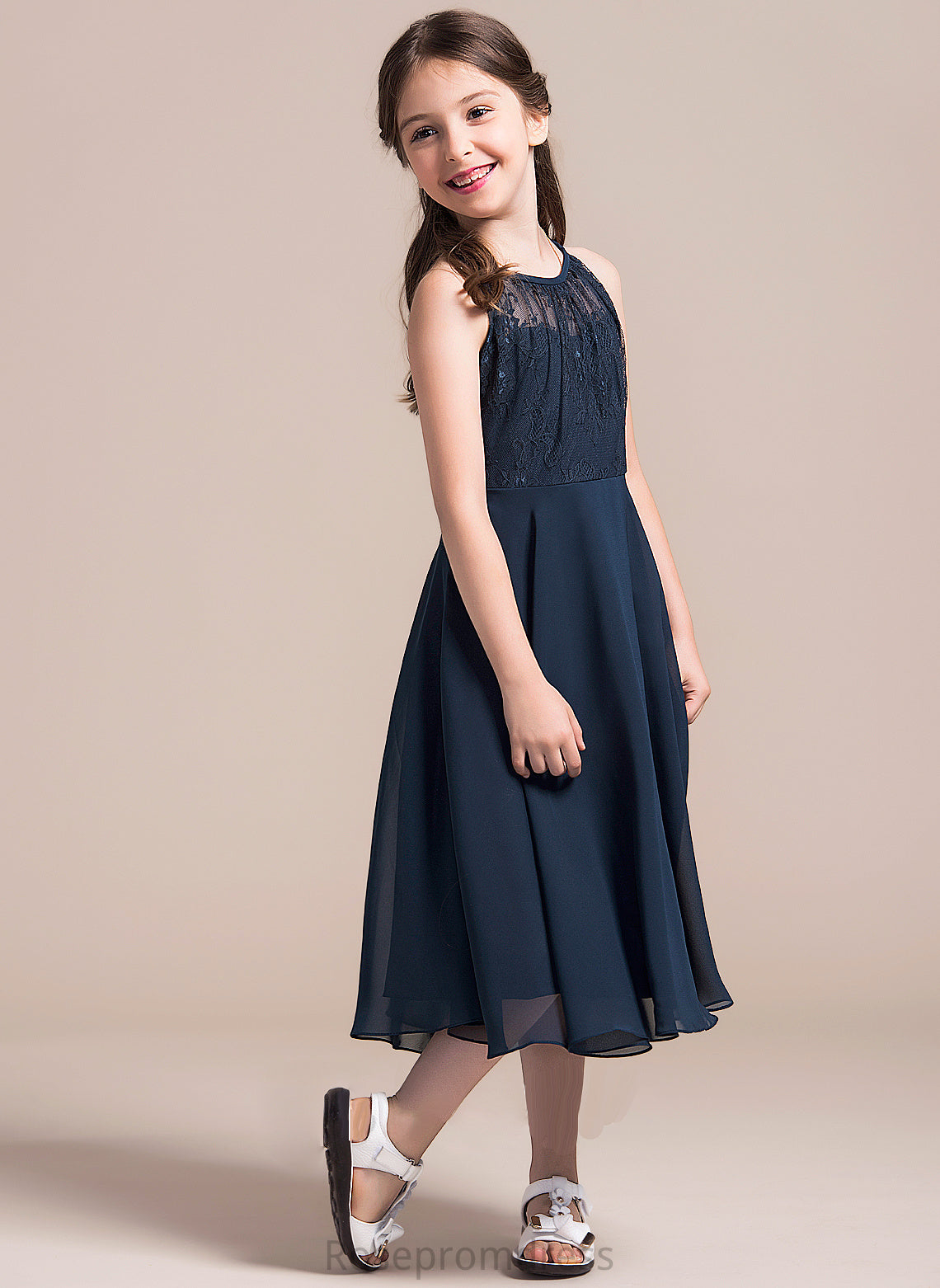 Junior Bridesmaid Dresses Lace Arielle Neck Scoop Chiffon Tea-Length Ruffle With A-Line