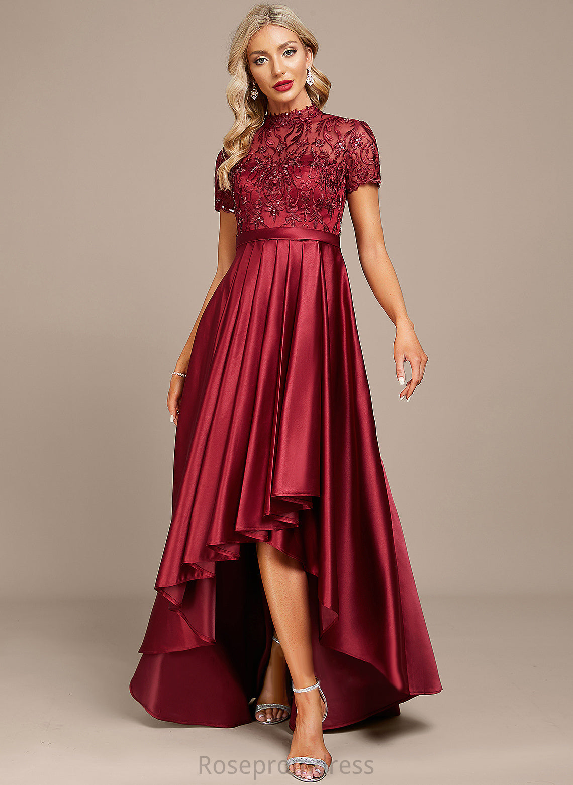 Dress Ruffle Asymmetrical High With Neck Lace A-Line Glenda Sequins Satin Cocktail Cocktail Dresses