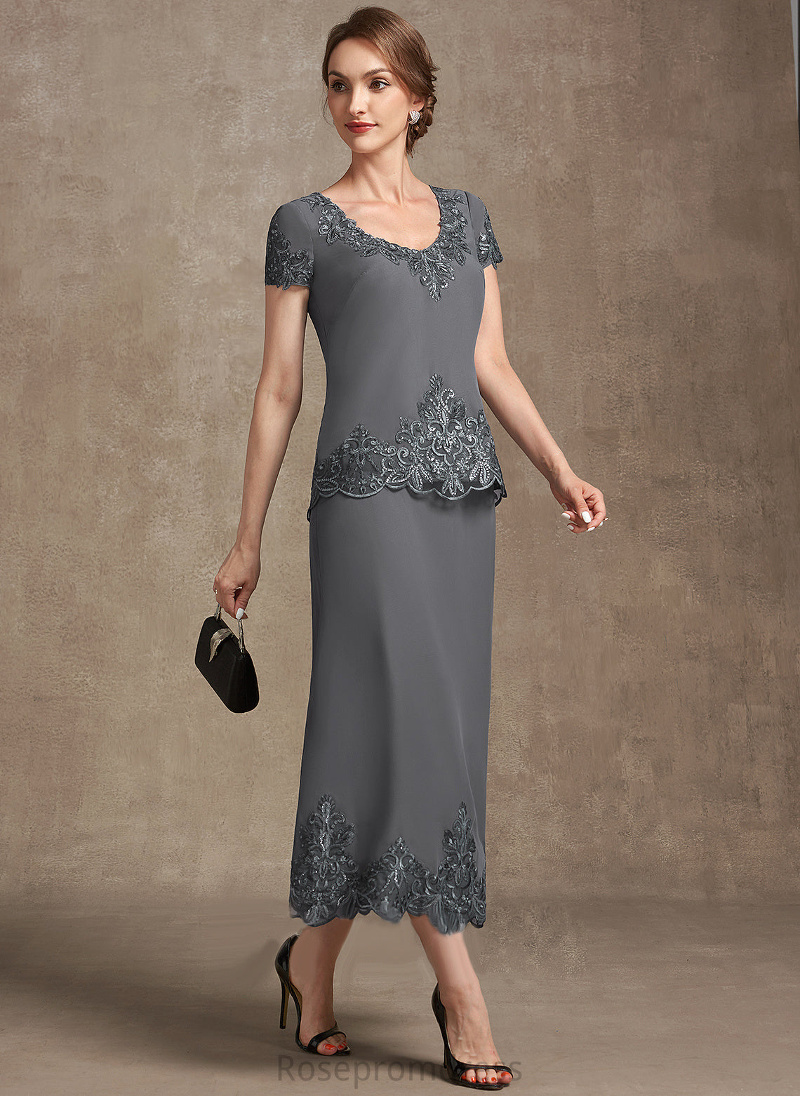 Scoop the Mother Sequins Chiffon Bride Dress Andrea Tea-Length Neck Mother of the Bride Dresses A-Line With Lace of