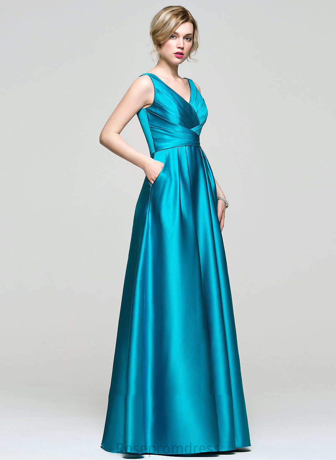 Prom Dresses With V-neck Pockets Floor-Length Ball-Gown/Princess Ruffle Satin Cara