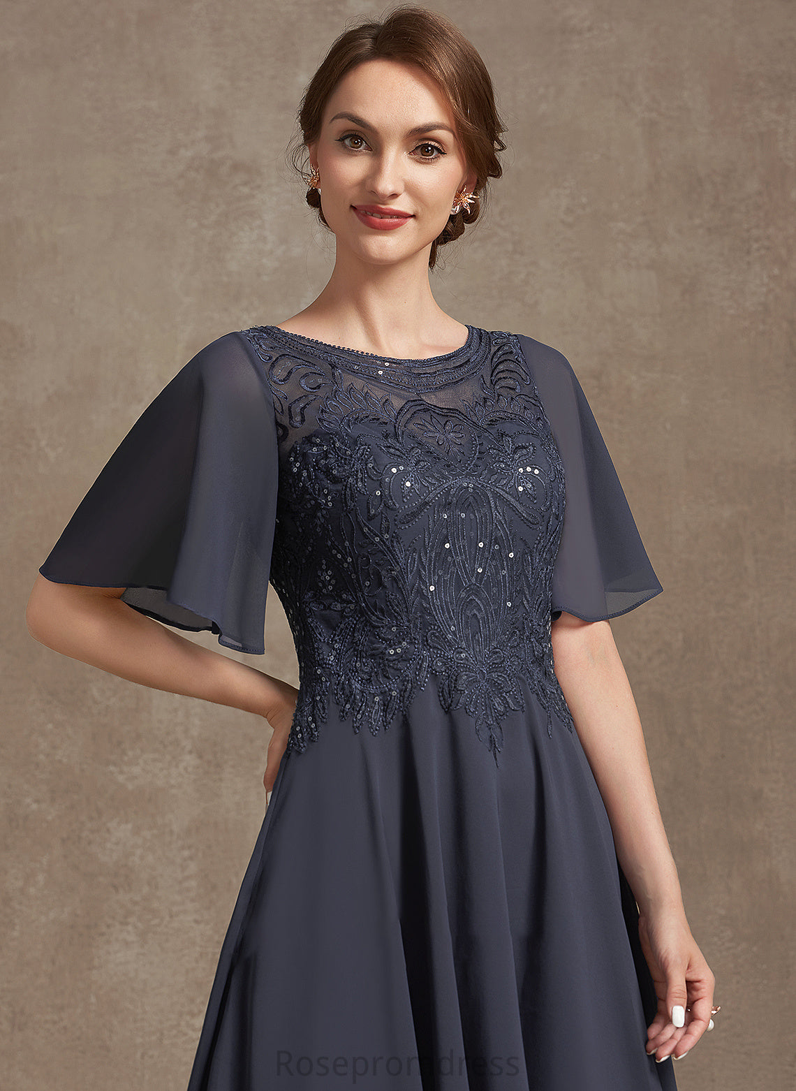 the Bride Scoop With Mother Mother of the Bride Dresses A-Line Lace Sequins Neck Dress Makaila of Tea-Length Chiffon