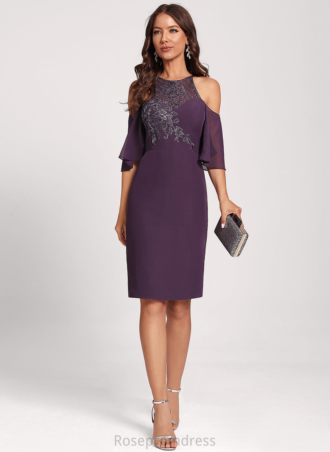 Cocktail Knee-Length Cold Lace Magdalena Shoulder Chiffon Club Dresses Sequins Dress With Sheath/Column