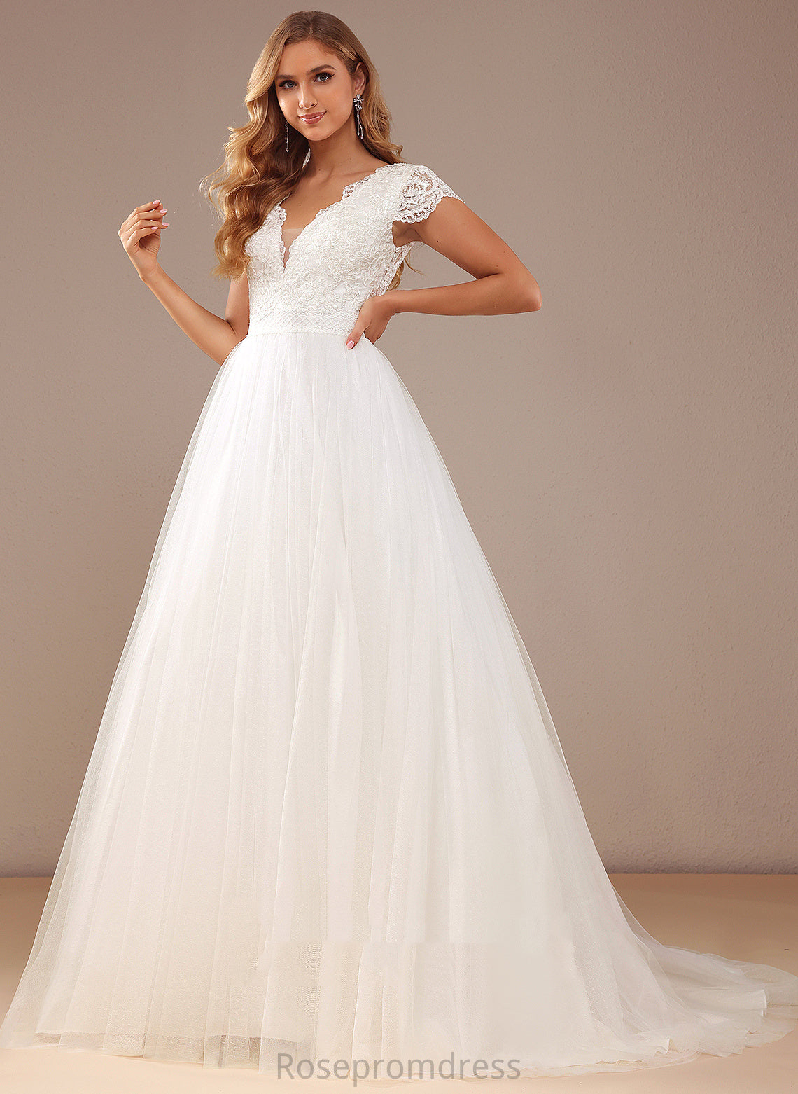 Ball-Gown/Princess Wedding Wedding Dresses Lace V-neck Myla Sequins Court Lace Tulle With Dress Train