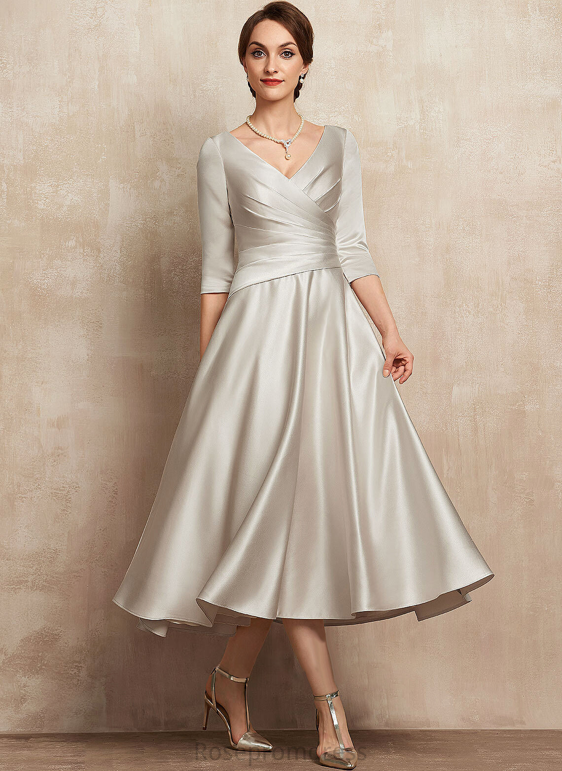 Satin Jocelyn Mother of the Bride Dresses V-neck Dress the Mother Bride Ruffle of A-Line Tea-Length With