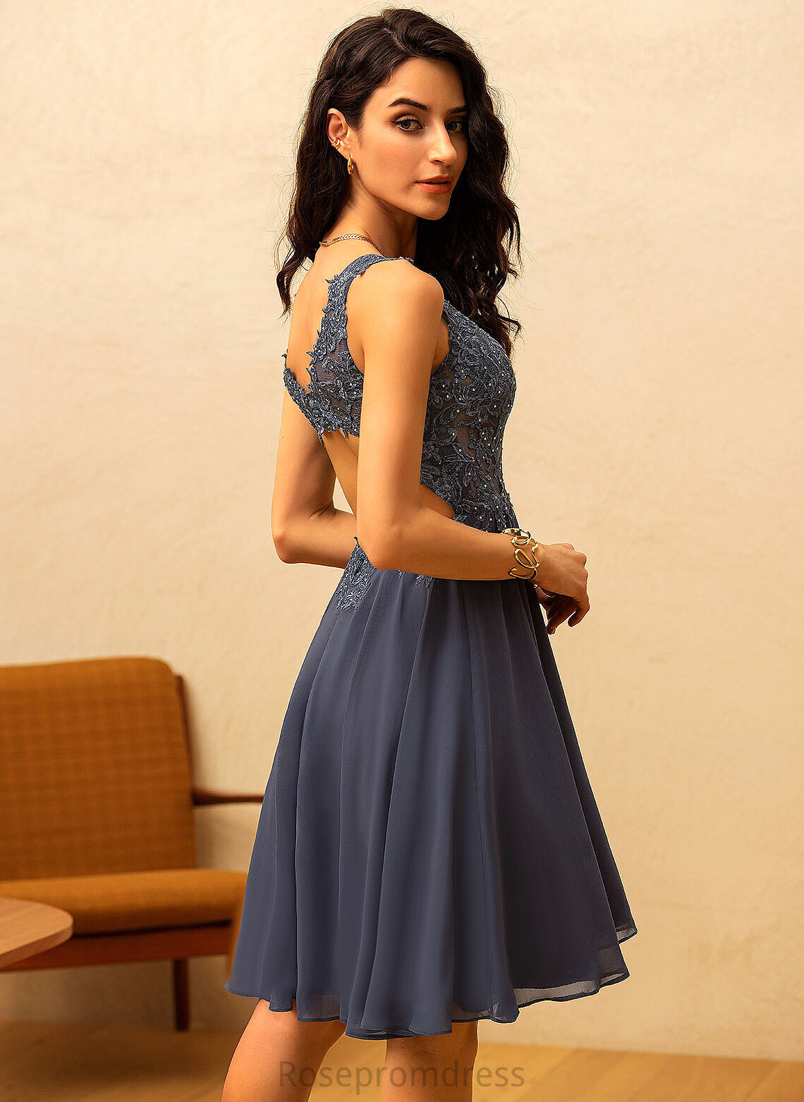 Beading Chiffon Prom Dresses V-neck With Lace Short/Mini A-Line Kassandra