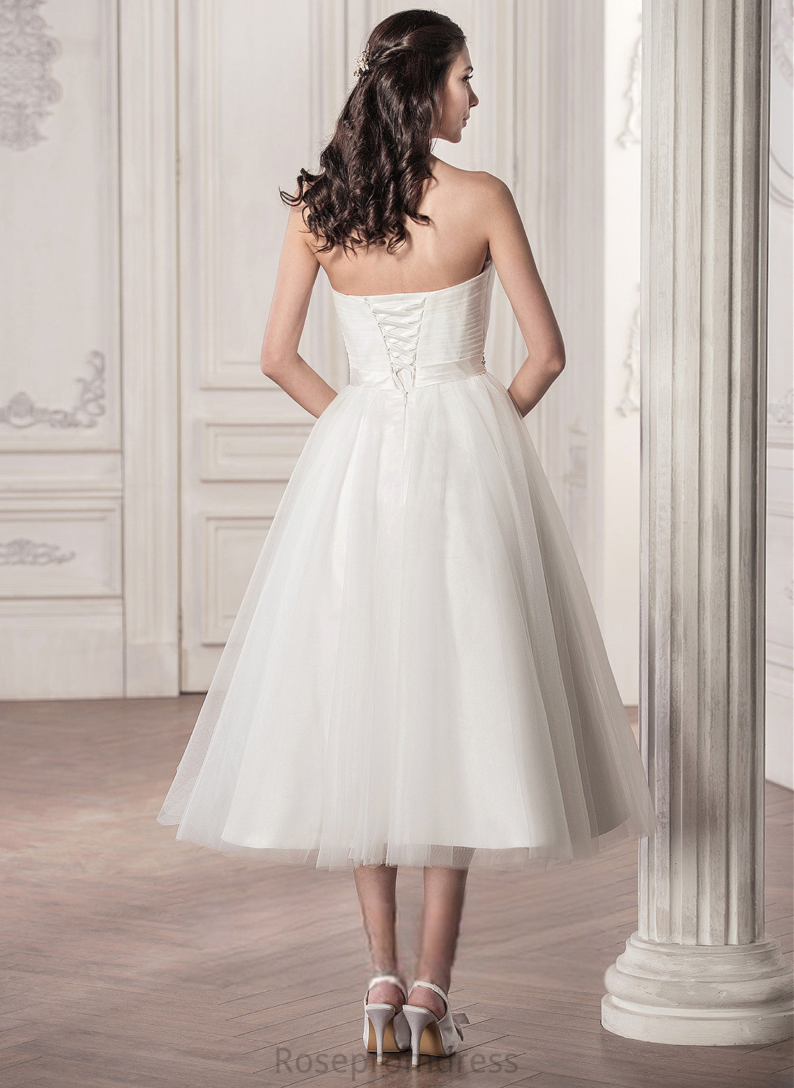 Dress With Sweetheart Sequins Wedding Dresses Beading Ruffle Tulle Wedding Tea-Length Satin A-Line America