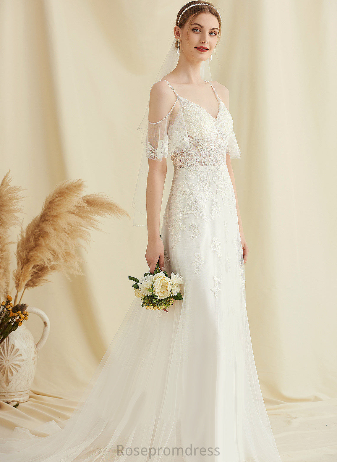 Dress Lina Train Wedding Wedding Dresses Lace Sweep V-neck Tulle With A-Line Beading