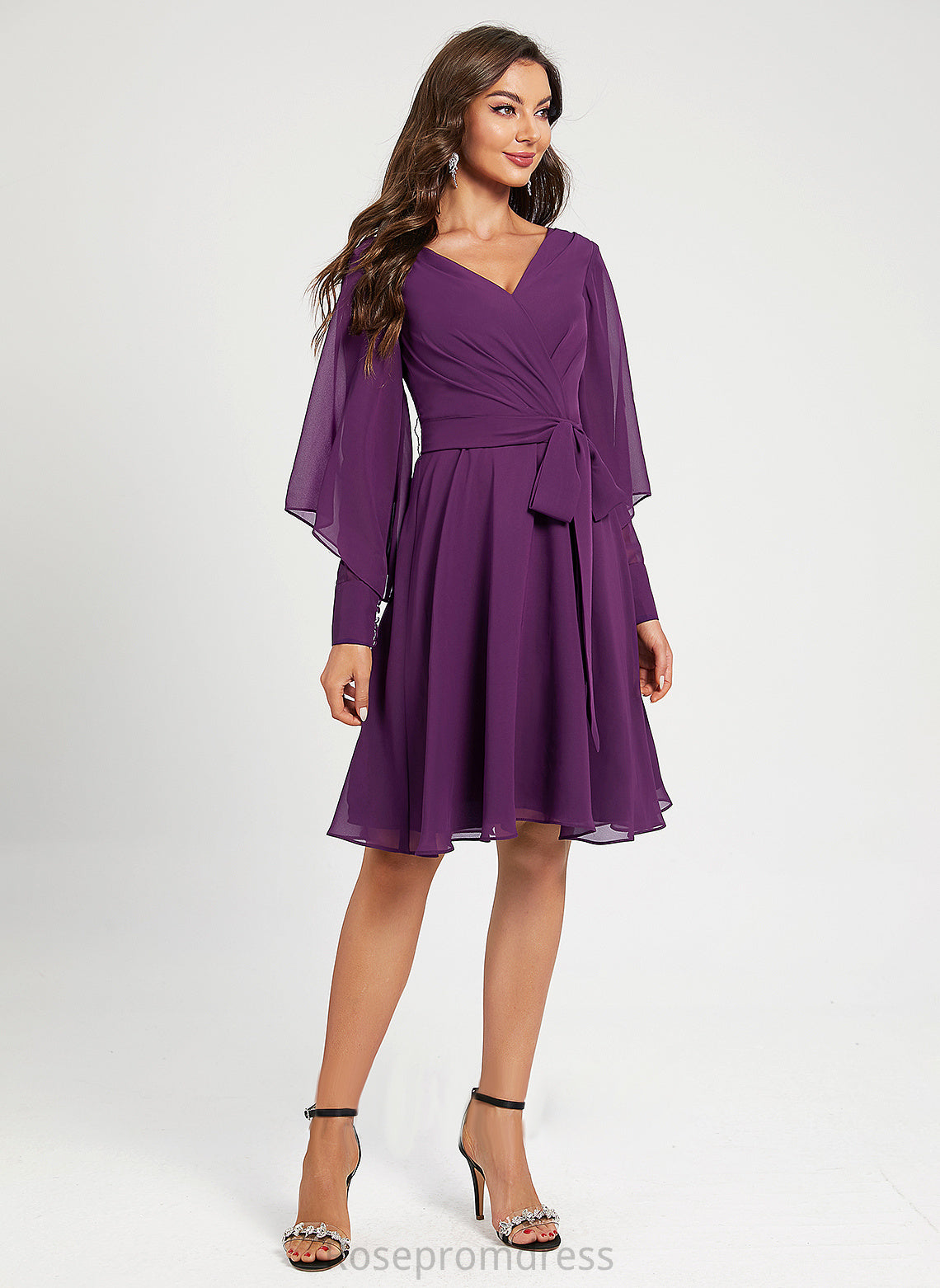 V-neck Sash Dylan Knee-Length Pleated Chiffon Cocktail Dresses A-Line With Cocktail Dress