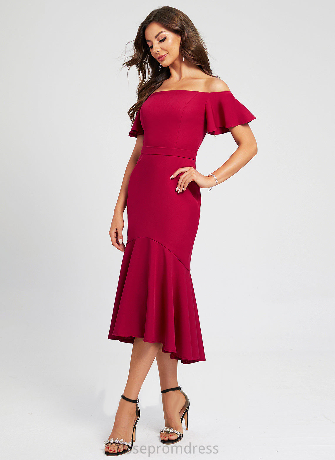 Cocktail Crepe With Dress Off-the-Shoulder Ruffle Trumpet/Mermaid Samantha Stretch Cocktail Dresses Asymmetrical