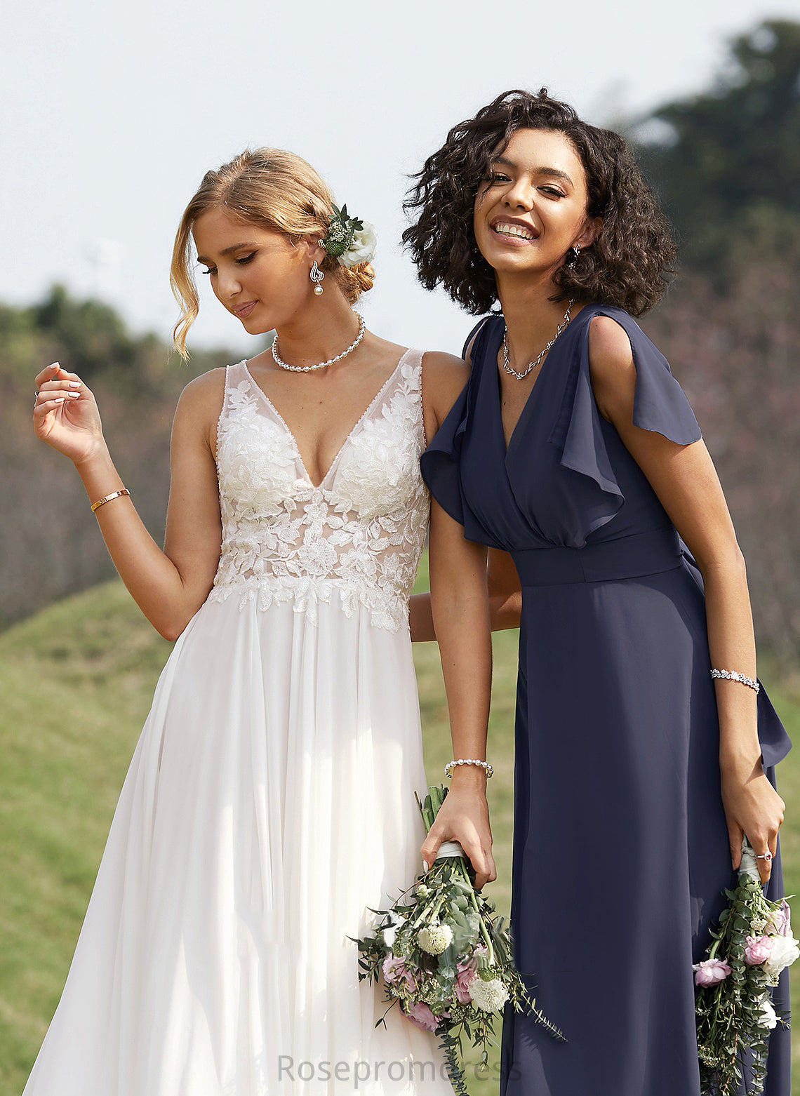 Neckline Straps Fabric Length Floor-Length A-Line V-neck Silhouette Cecilia Halter A-Line/Princess Floor Length Bridesmaid Dresses