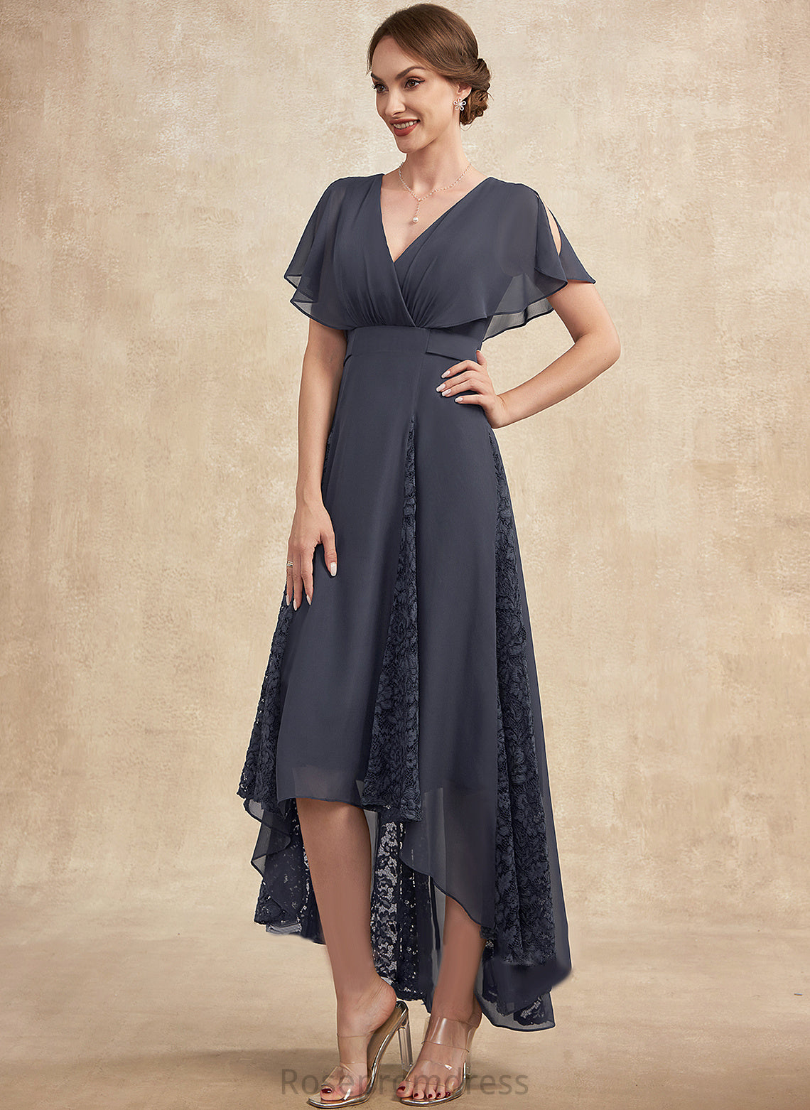 With Dress Asymmetrical Ruffle A-Line Sabrina of Mother Lace V-neck the Mother of the Bride Dresses Chiffon Bride