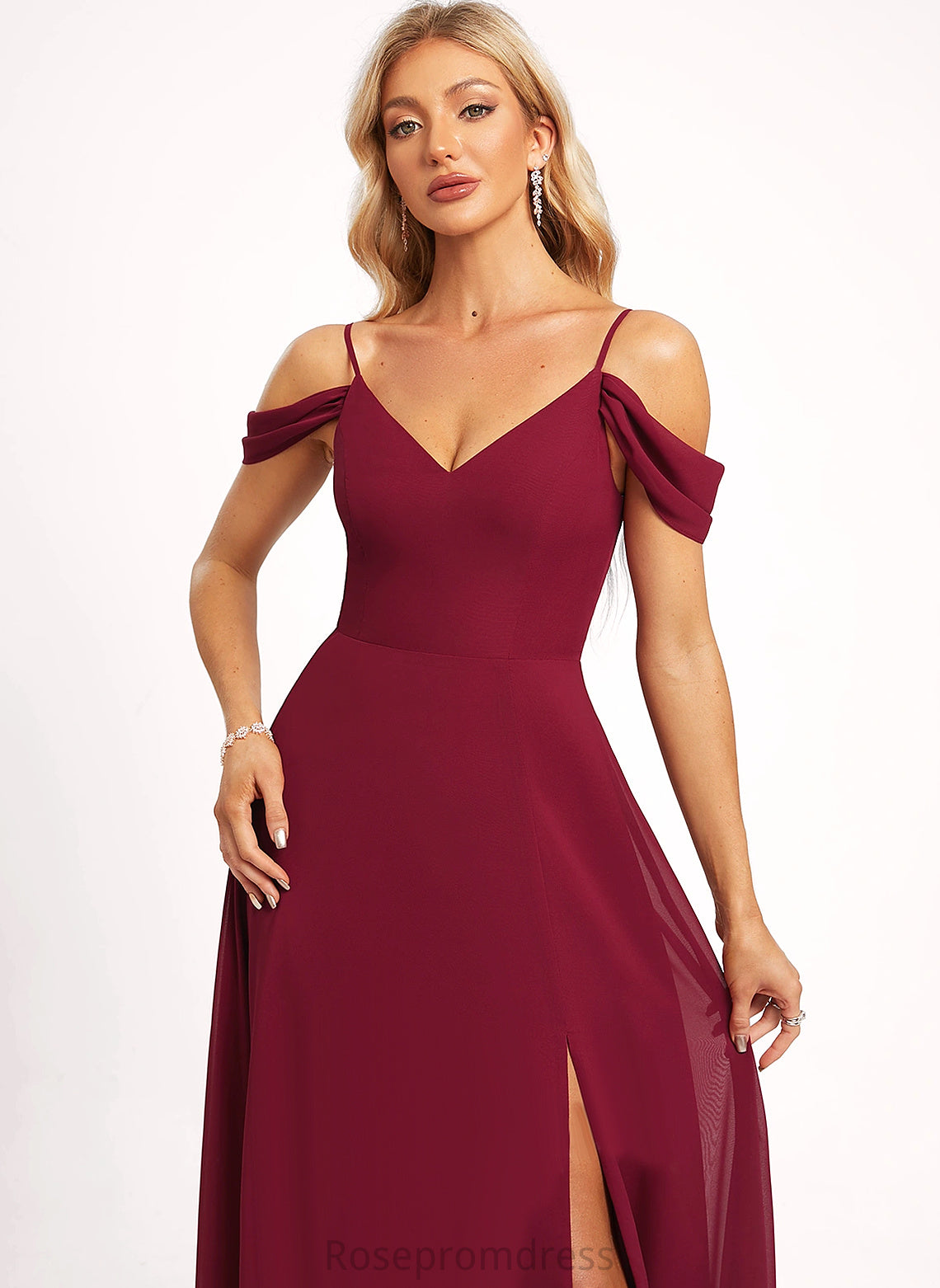 Silhouette V-Neck Neckline Fabric ColdShoulder A-line Straps&Sleeves Floor-Length Length Londyn Sleeveless Halter Bridesmaid Dresses