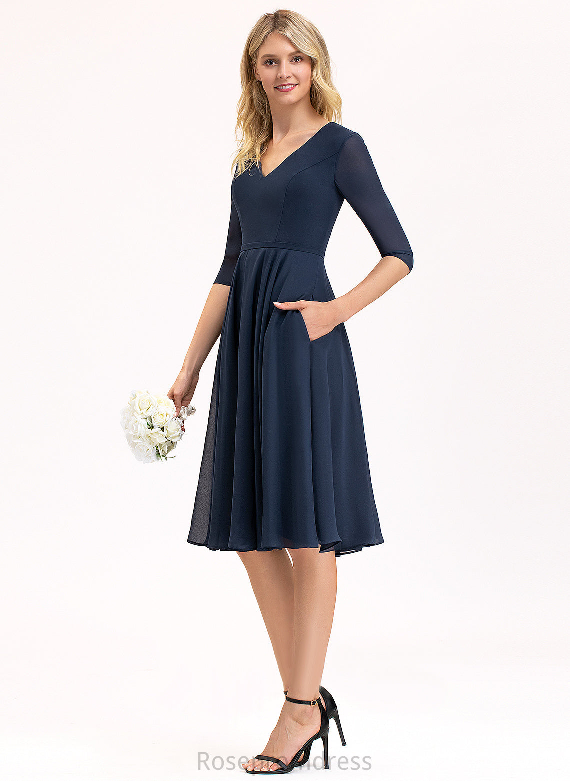 Henrietta A-Line With Cocktail Pockets Chiffon Knee-Length Cocktail Dresses V-neck Dress