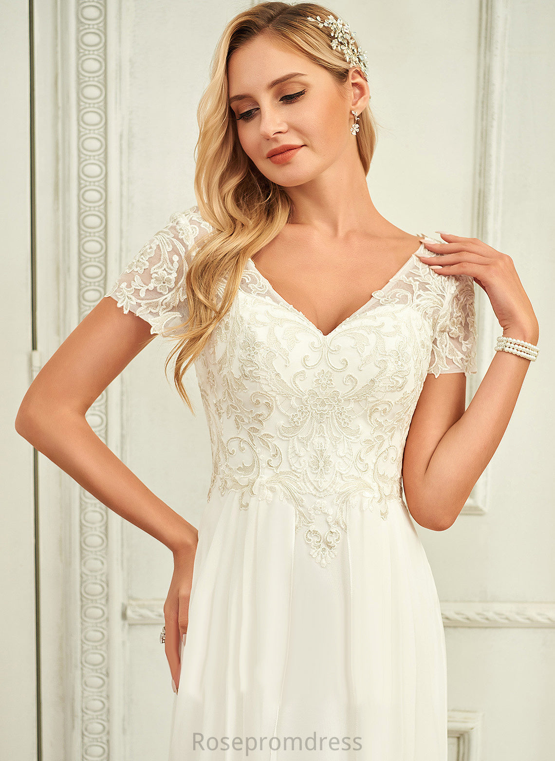 Wedding Lace Dress V-neck Chiffon Theresa With Floor-Length Wedding Dresses A-Line