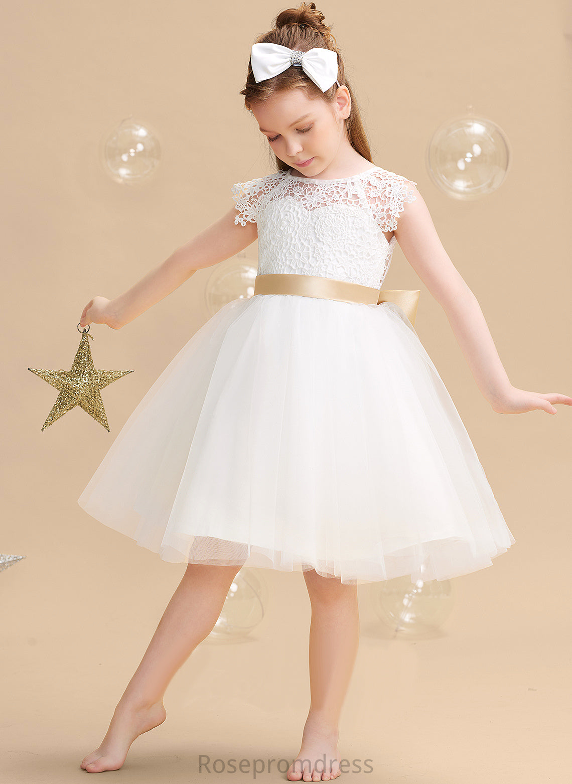 Short sash) Emma Flower Flower Girl Dresses Sash/Bow(s) Sleeves Scoop (Undetachable Tulle/Lace Girl Dress A-Line Neck Knee-length With