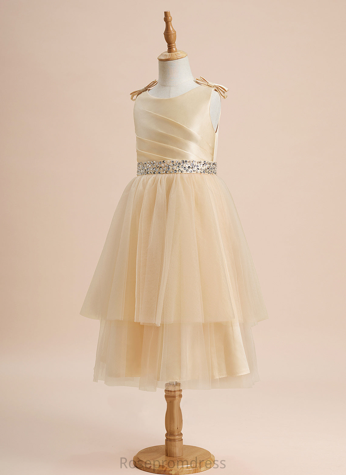 Beading/Sequins/Bow(s) Girl - Ivy Knee-length Sleeveless With Dress A-Line Satin/Tulle Flower Girl Dresses Flower Scoop Neck