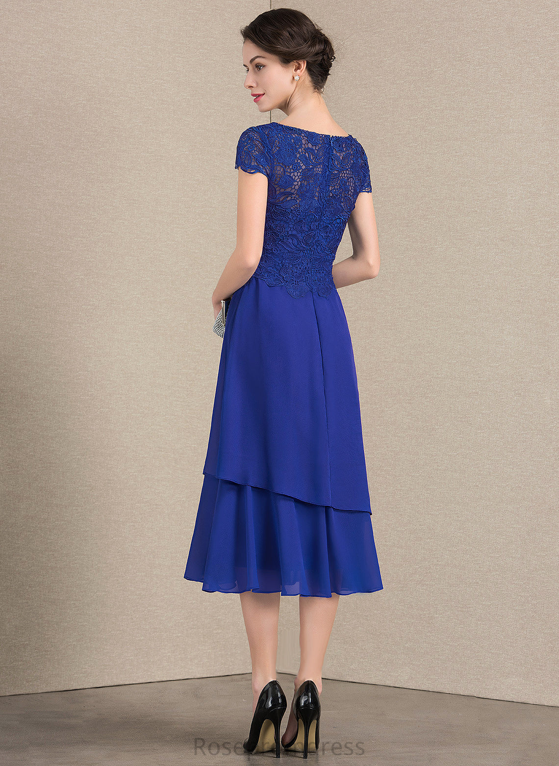 Bride Neck Mother of the Bride Dresses Tea-Length A-Line Lace Scoop Louisa Chiffon Mother the Dress of