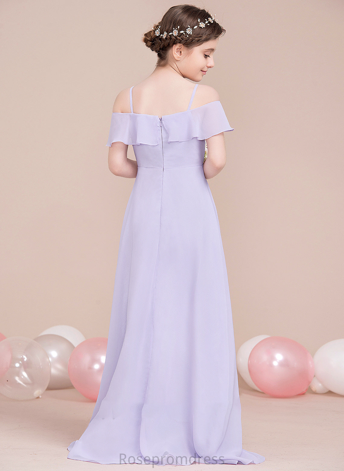 Isabel Ruffles Junior Bridesmaid Dresses Off-the-Shoulder With A-Line Chiffon Asymmetrical Cascading