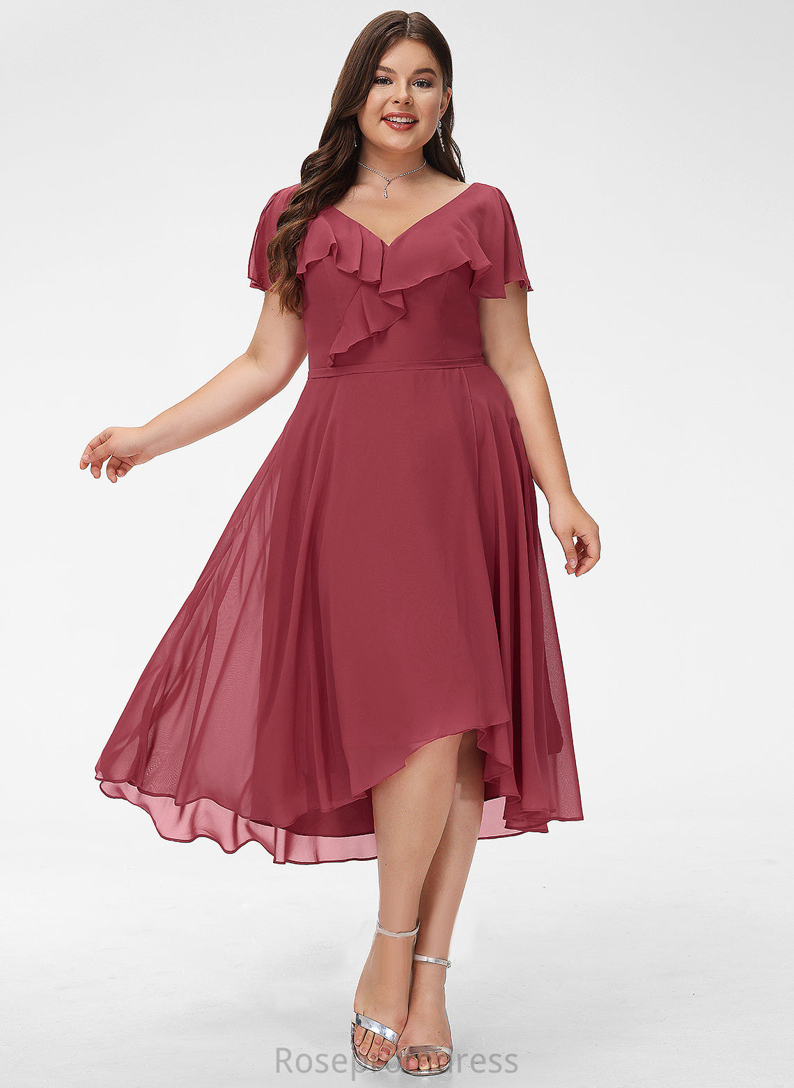 A-Line V-neck Neckline Embellishment Silhouette Asymmetrical Fabric Ruffle Length Alisha Natural Waist Scoop Bridesmaid Dresses