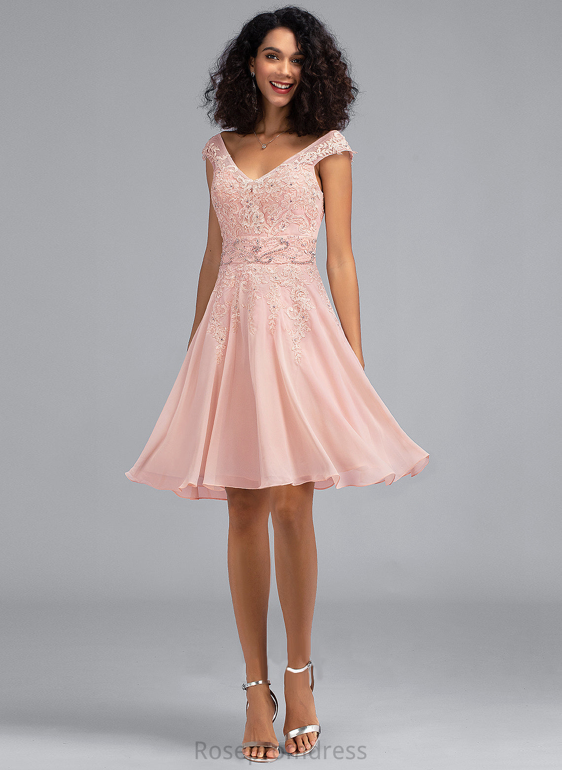 Chiffon Cristal Dress V-neck With Cocktail A-Line Knee-Length Lace Cocktail Dresses Beading Lace