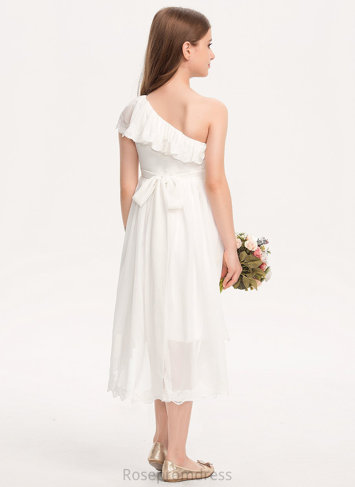 With Izabelle Chiffon A-Line Lace Bow(s) Asymmetrical Junior Bridesmaid Dresses One-Shoulder