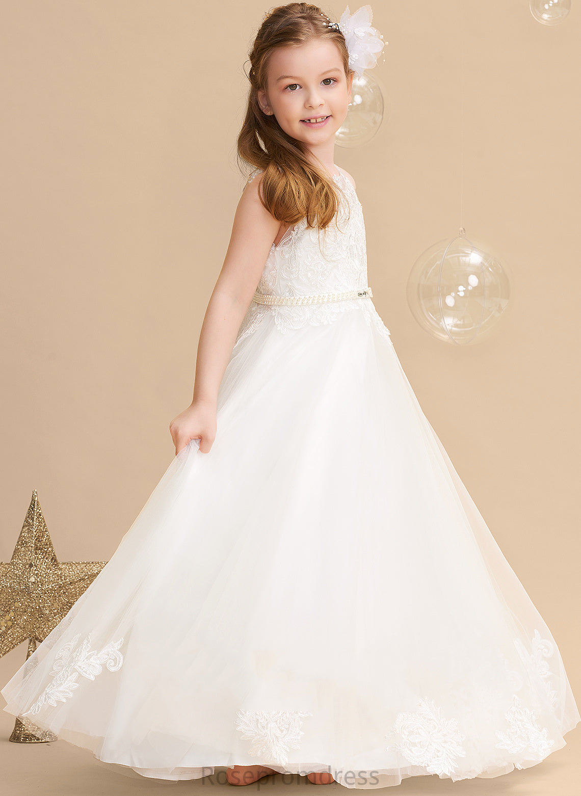 Ball-Gown/Princess Floor-length Beading Tulle/Lace Flower Girl Dresses Flower Dress Neck Scoop - With Girl Serena Sleeveless