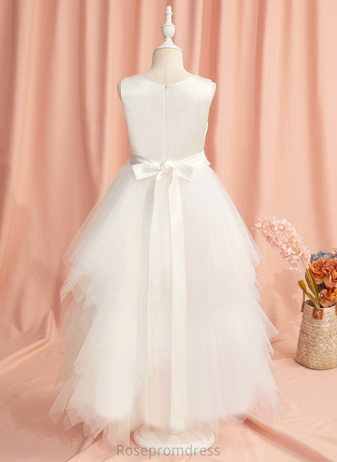 Flower Girl Dresses Scoop Lace/Beading Girl Neck Ball-Gown/Princess Satin/Tulle Flower Sleeveless Valeria With - Ankle-length Dress